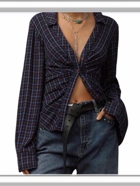 Pilcro The Keaton Ruched Collared Button Front Blouse Size XS Blue Plaid